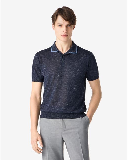 Corneliani Blue Wool, Silk And Linen Polo Shirt for men