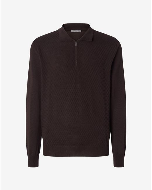 Corneliani Black Dark Pure Merino Wool Zip-Up Polo Shirt for men