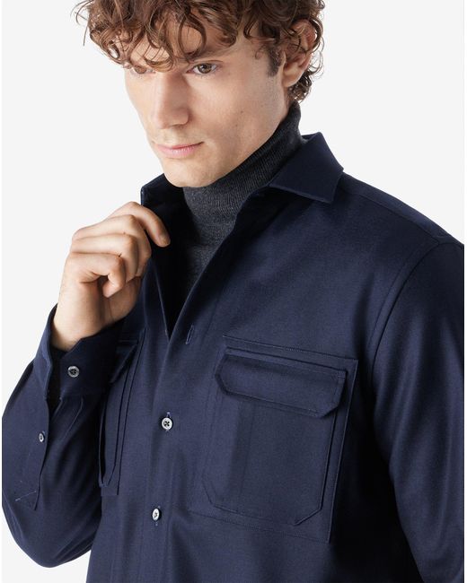 Corneliani Blue Relaxed Fit Technical Wool Shirt for men