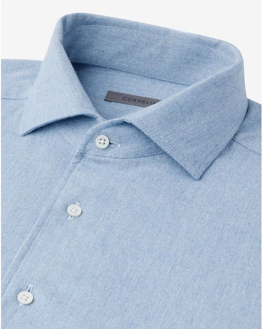 Corneliani Blue Light Melange Cotton Flannel Shirt With Diagonal Design for men