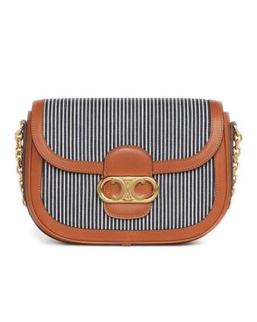 Celine Medium Chain Maillon Triomphe Bag In Hickory Stripes Textiles &  Calfskin in Blue