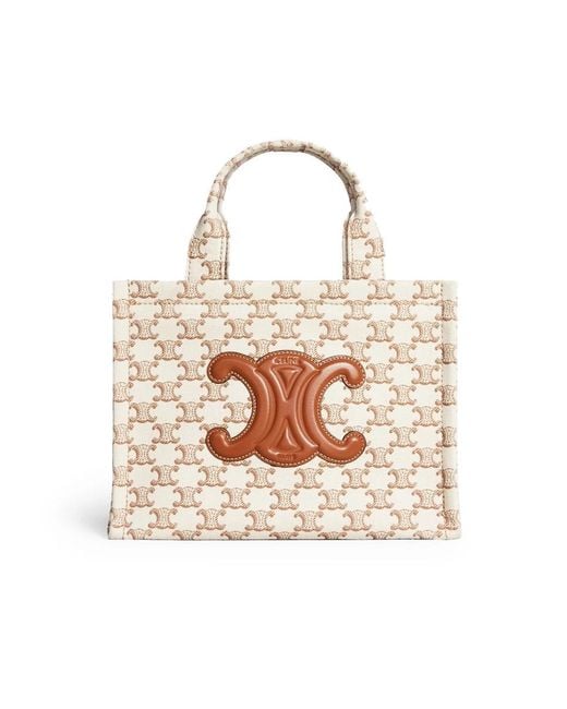 Céline Small Cabas Thais In Textile With Triomphe Canvas Print And Calfskin White