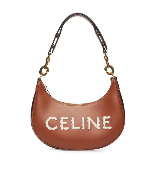 Céline Brown Medium Ava Strap Bag In Smooth Calfskin With Embroidery Tan