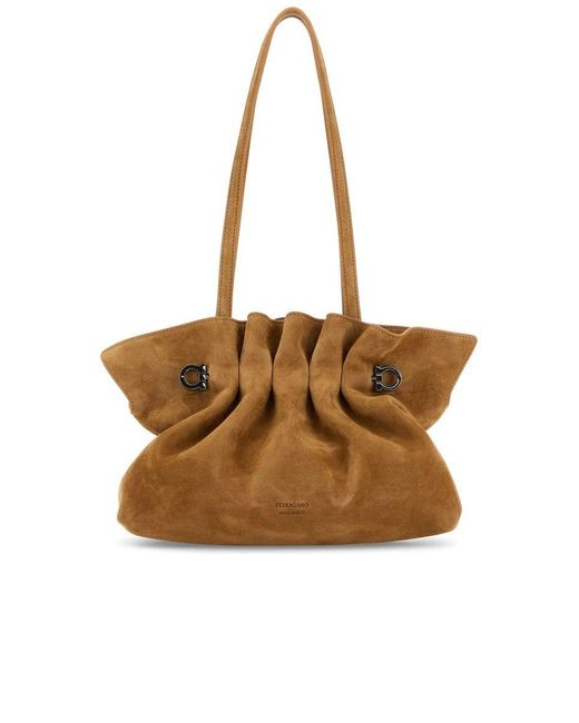 Ferragamo Brown Piers Pochette drappeggio Shoulder Bag