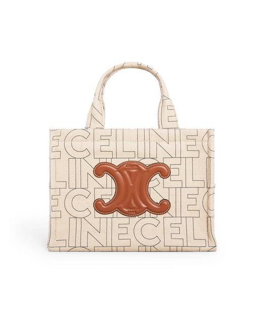 Céline White Small Cabas Thais In Textile With All-over Print Natural/tan