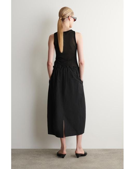 COS Black Cotton-Linen Balloon Midi Skirt