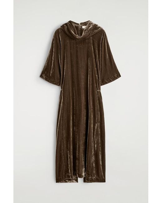 COS Brown Draped-Neck Velvet Midi Dress