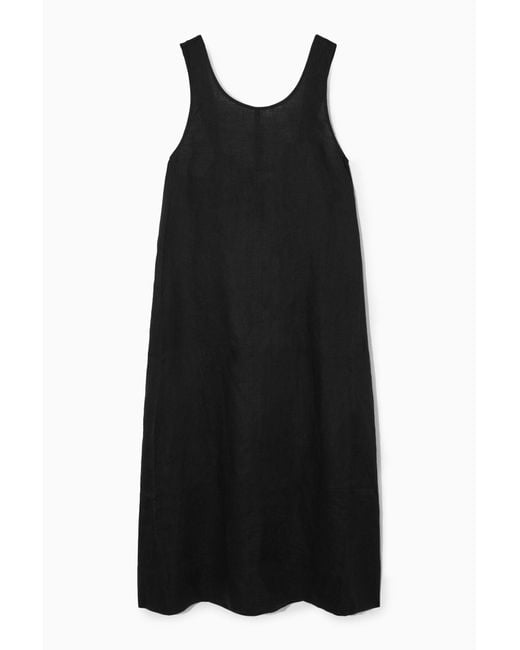 COS Black Gathered Linen Midi Dress