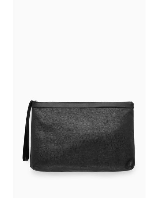 COS Black Zipped Folio Pouch - Grained Leather for men