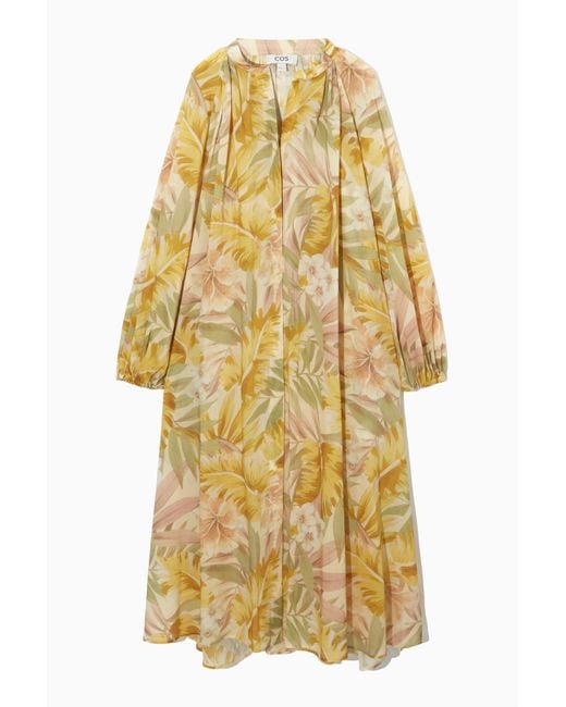 COS Yellow Floral-print V-neck Midi Dress