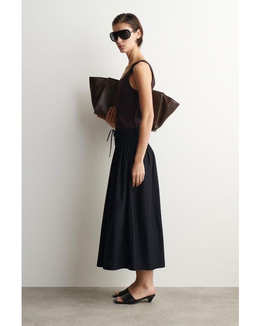 COS Black Ruched-Waist Midi Skirt