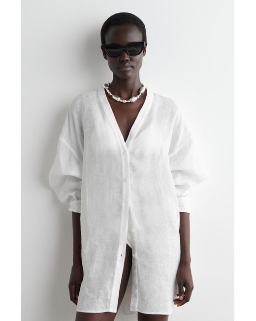 COS White Oversized-Hemd Aus Leinen Mit V-Ausschnitt