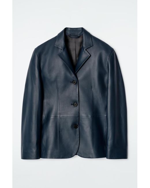 COS Blue Leather Single-Breasted Blazer