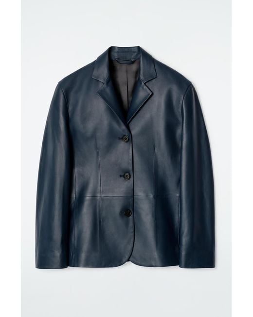 COS Blue Leather Single-Breasted Blazer