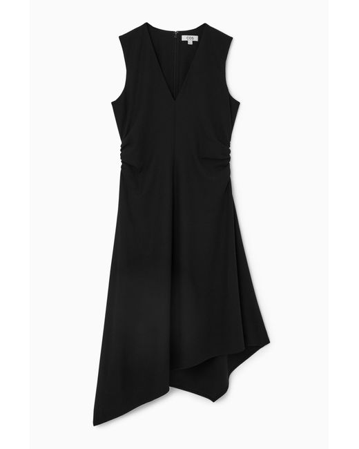 COS Black Gathered Asymmetric Midi Dress