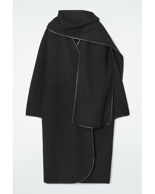 COS Black Leather-trimmed Wool Scarf Coat