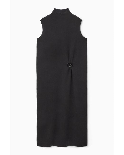 COS Black Brooch-detail Wool Turtleneck Dress