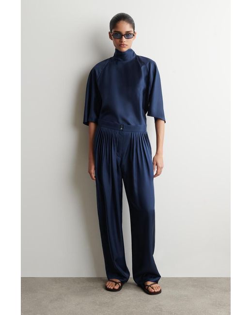 COS Blue Draped Tie-Detail Silk Top