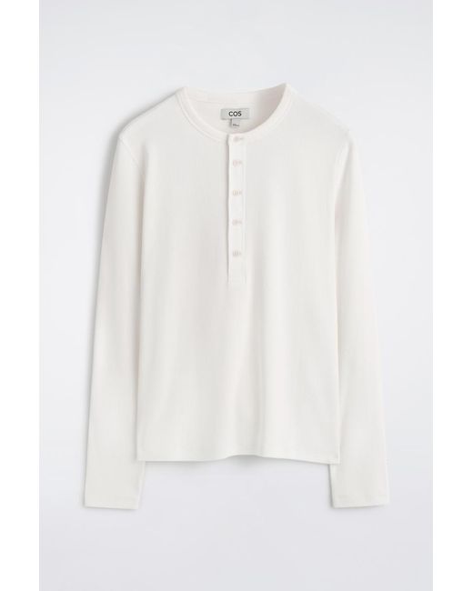 COS White Slim Ribbed Cotton Long-Sleeved Henley T-Shirt for men