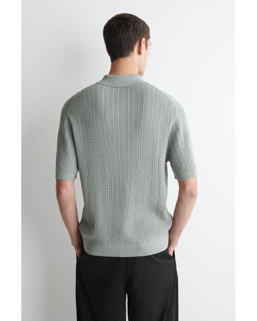 COS Gray Cable-Knit Cotton-Linen Polo Shirt for men