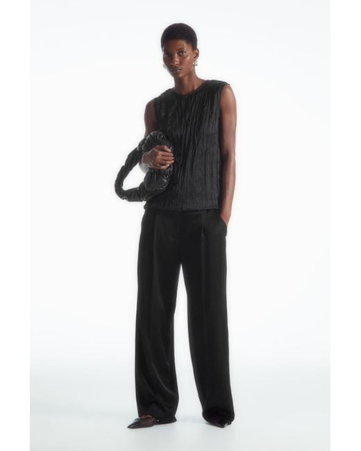 COS Wide leg Pleated Satin Pants in Black Lyst UK
