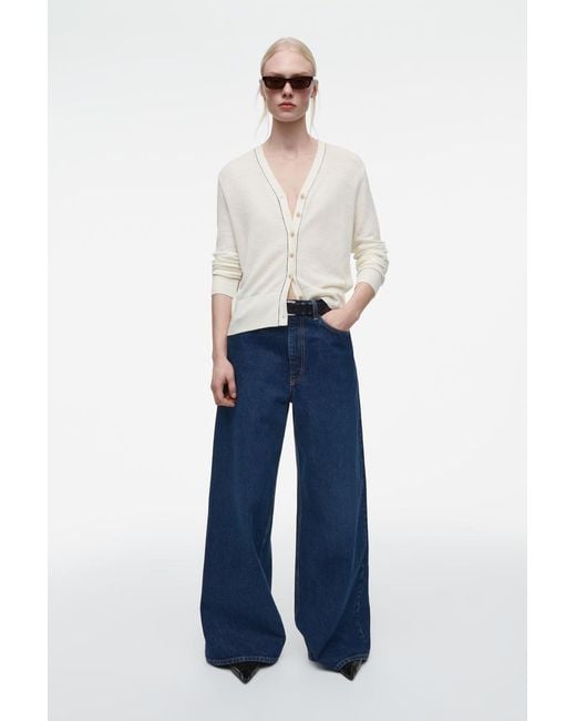 COS White Merino Wool-Linen Blend V-Neck Cardigan