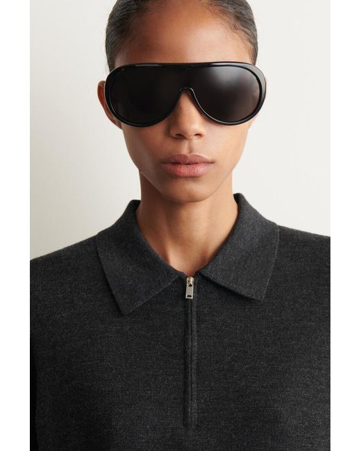 COS Black Merino Wool Zip-Up Polo Shirt