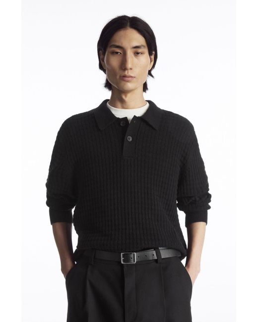 COS Black Textured Knitted Polo Shirt for men