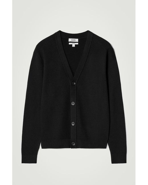 COS Black Textured Knitted Cotton V-Neck Cardigan for men
