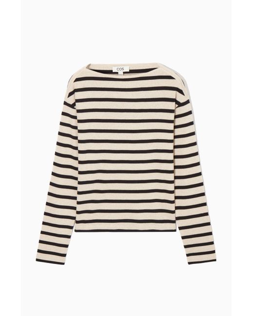 COS White Striped Boat-neck Long-sleeved Top