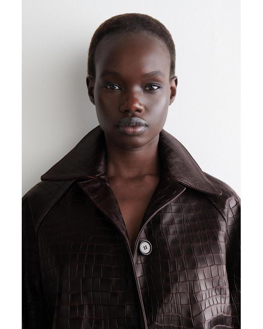COS Black Croc-Effect Leather Long Coat