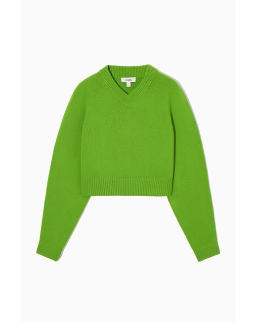 COS Green Cropped V-neck Wool Sweater