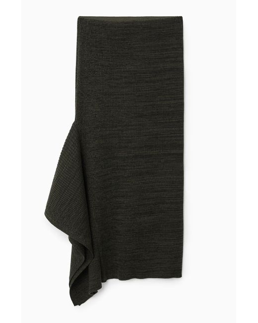 COS Black Asymmetric Ribbed Wool Midi Skirt