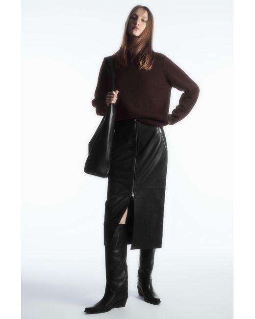 COS Black Zip-up Leather Midi Skirt