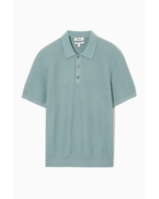 COS Blue Textured Knitted Polo Shirt for men