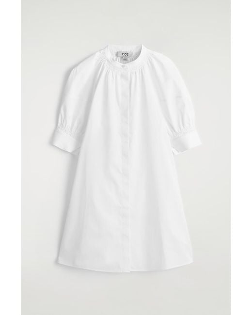 COS White Smocked Puff-Sleeve Shirt Dress