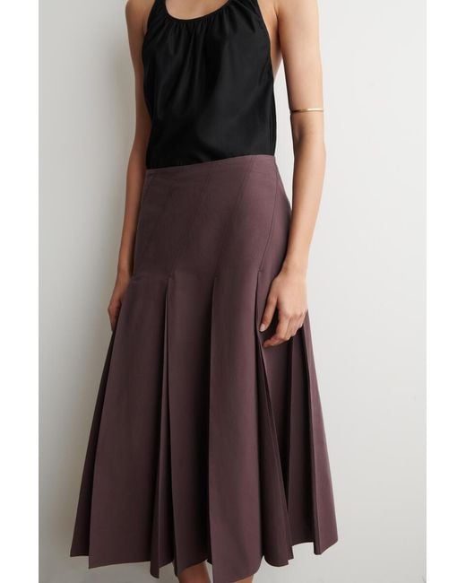 COS Brown Pleated Cotton-Linen Midi Skirt