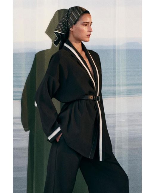 COS Black Contrast-Piped Robe-Style Blouse