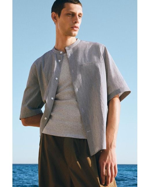 COS Gray Relaxed-Fit Seersucker Grandad-Collar Shirt for men