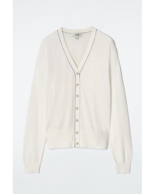 COS White Merino Wool-Linen Blend V-Neck Cardigan