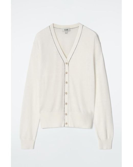 COS White Merino Wool-Linen Blend V-Neck Cardigan