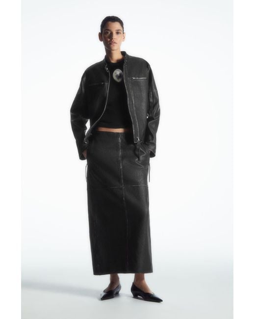 COS Black Paneled Leather Racer Midi Skirt