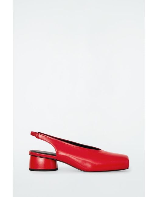 COS Red Square-Toe Leather Heeled Ballet Pumps