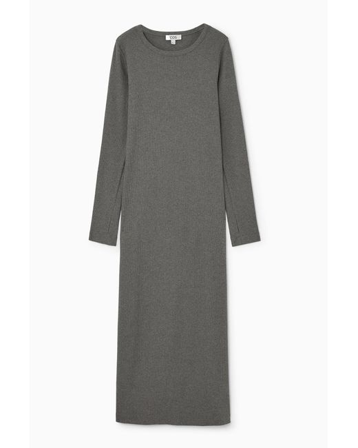 COS Gray Ribbed Long-sleeved Midi Dress