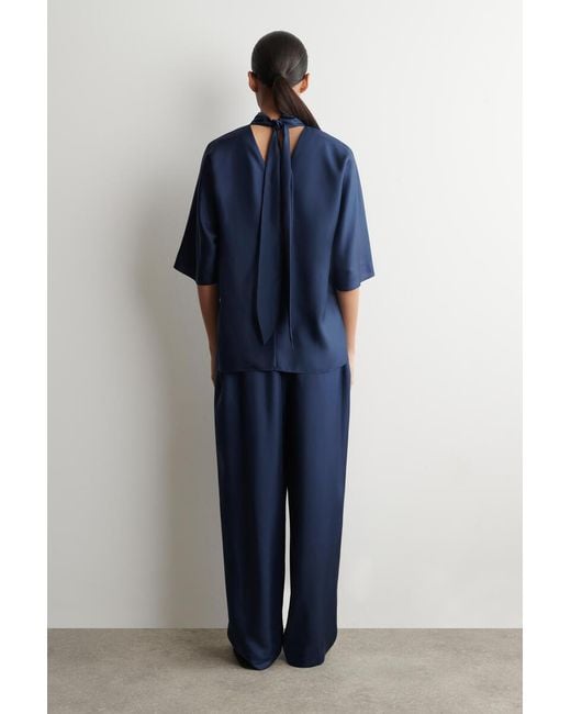 COS Blue Draped Tie-Detail Silk Top