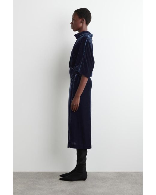 COS Blue Draped-Neck Velvet Midi Dress