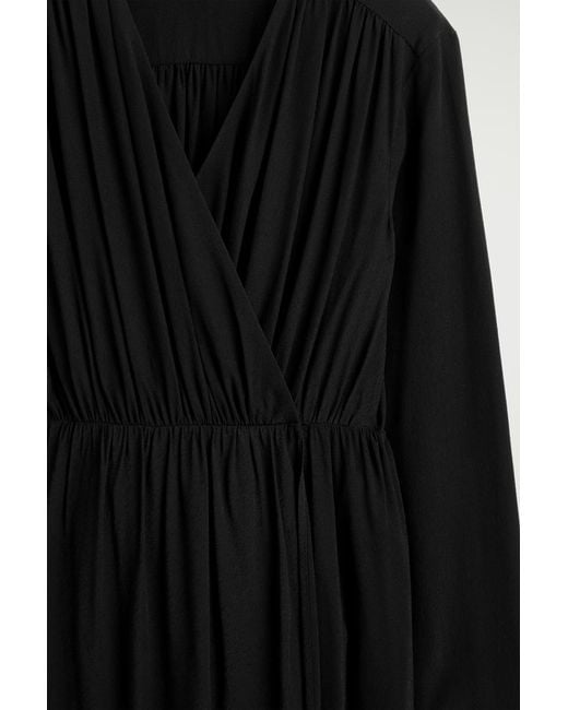 COS Black Gathered Midi Wrap Dress