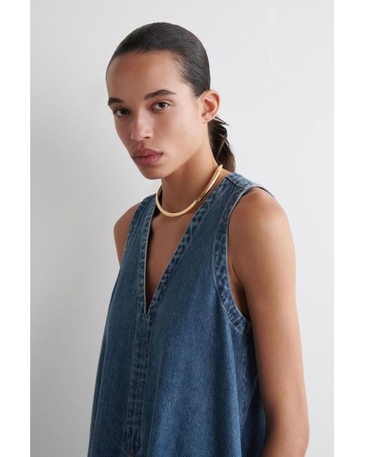 cos denim a line dress COS Women's Denim Utility Midi Shirt Dress in Dark Blue | Cotton
