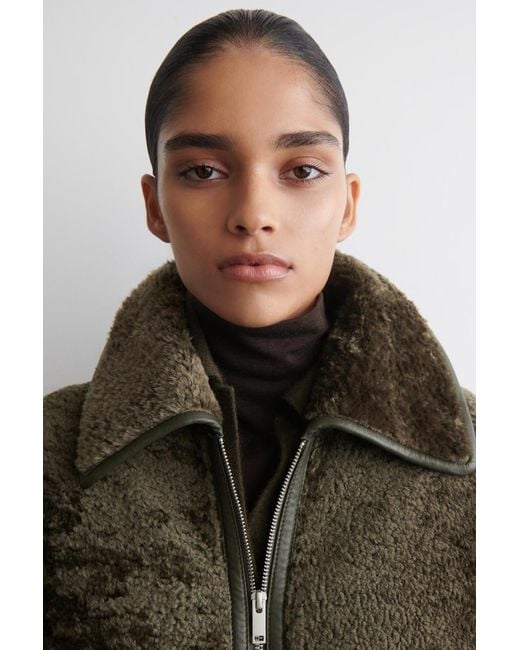 COS Green Leather-Bonded Shearling Long Coat