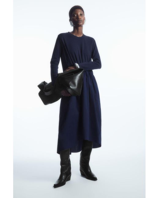 COS Blue Asymmetric Gathered-waist Midi Dress